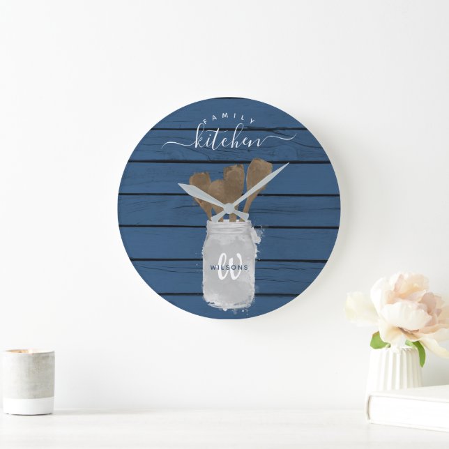 Rustic Blue Wood Jar Spoon Familienküche Dekoratio Große Wanduhr (Zuhause)
