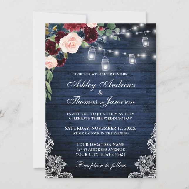 Rustic Blue Wood Jars Burgundy Blue Floral Wedding Einladung (Vorderseite)