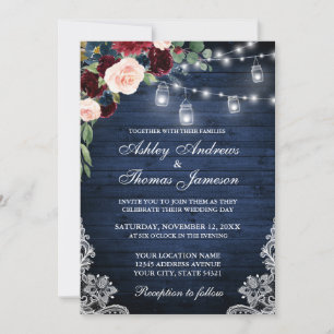 Rustic Blue Wood Jars Burgundy Blue Floral Wedding Einladung