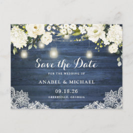 Rustic Blue Wood Lace Mason Jar Save the Date Ankündigungspostkarte
