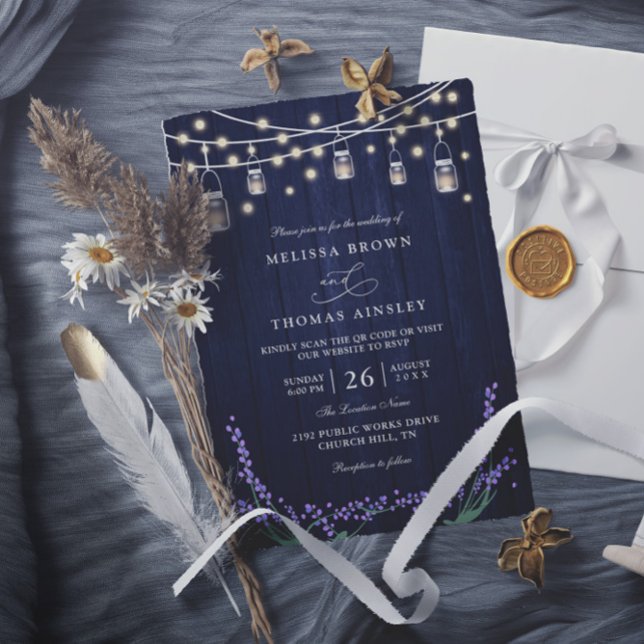 Rustic Blue Wood Lavender Elegant QR Code Wedding Einladung (Von Creator hochgeladen)