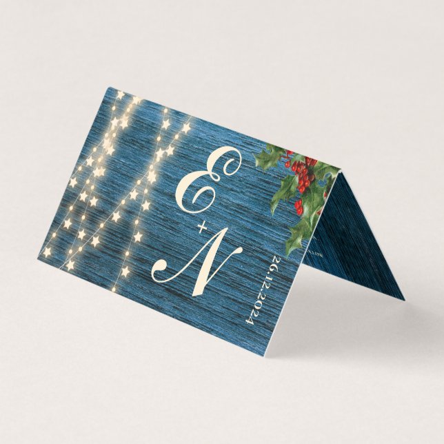 Rustic Blue Wood Monogram Lights Christmas (Vorderseite)