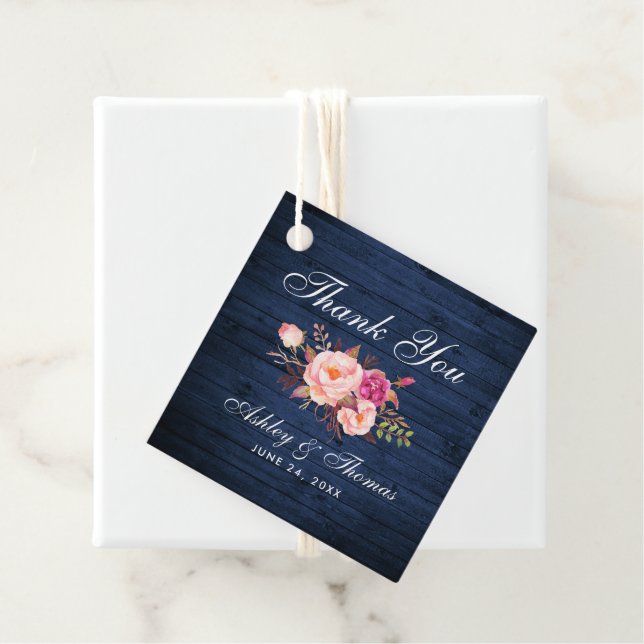 Rustic Blue Wood Pink Floral Wedding Vielen Dank Geschenkanhänger (Beispiel)