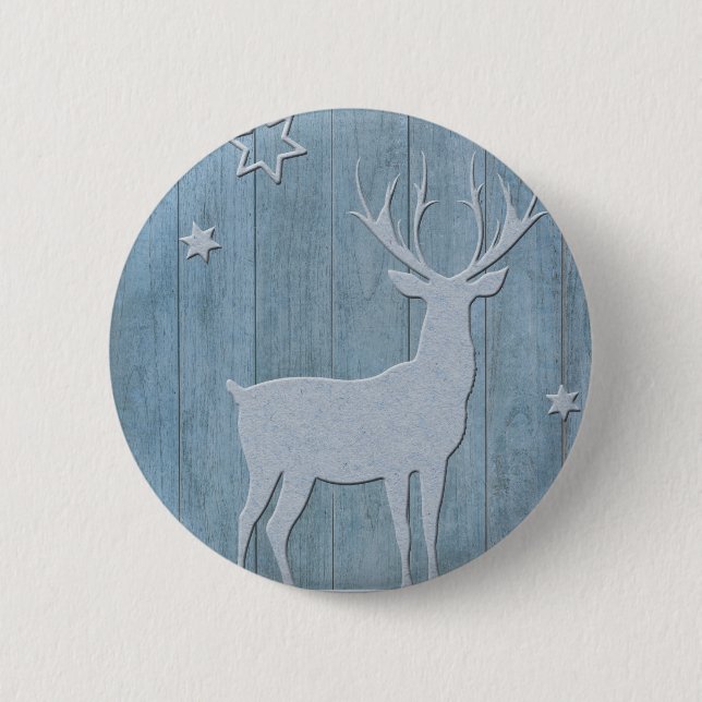 Rustic Blue Wood Rentier Country Weihnachten Button (Vorderseite)