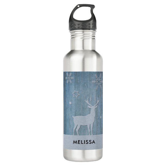 Rustic Blue Wood Rentier Country Weihnachten Edelstahlflasche (Vorderseite)