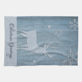 Rustic Blue Wood Rentier Country Weihnachten Geschirrtuch