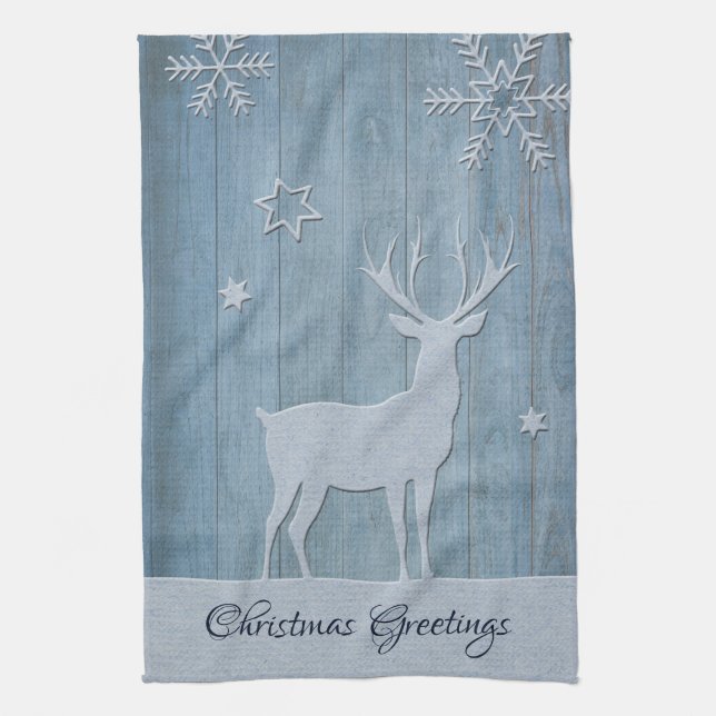 Rustic Blue Wood Rentier Country Weihnachten Geschirrtuch (Vertikal)