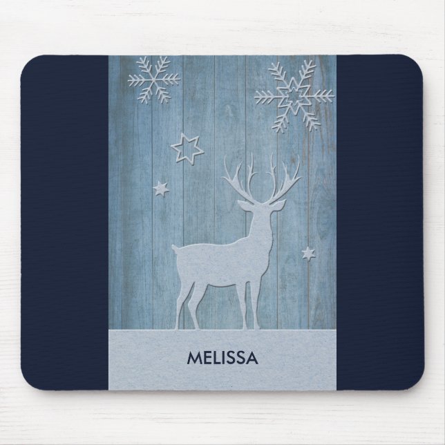 Rustic Blue Wood Rentier Country Weihnachten Mousepad (Vorne)