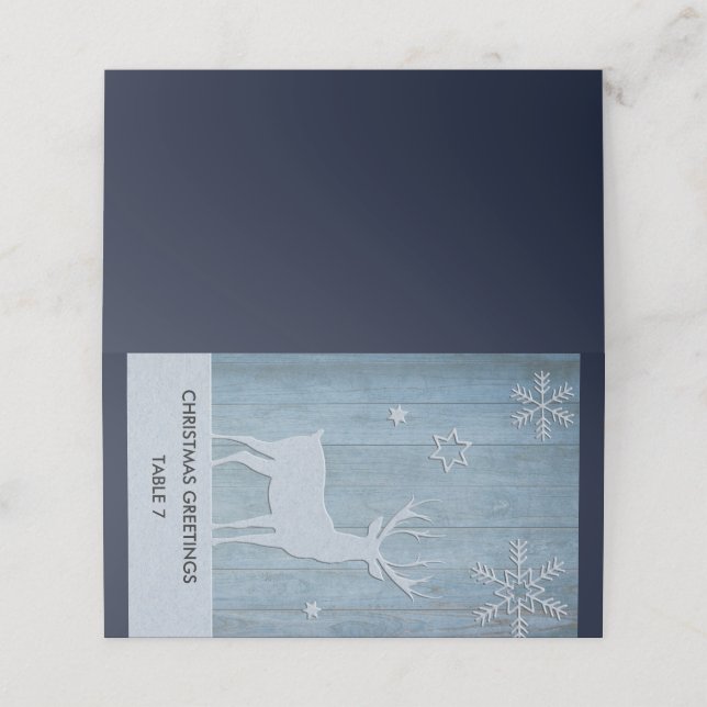 Rustic Blue Wood Rentier Country Weihnachten Platzkarte (Außenseite Aufgefaltet)