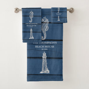 Rustic Blue Wood Seepferd Lighthouse Beach House Badhandtuch Set