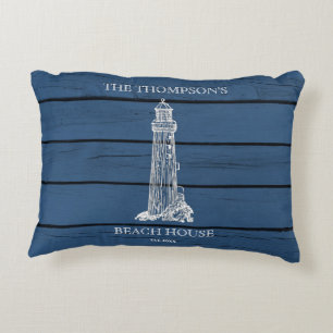 Rustic Blue Wood Seepferd Lighthouse Beach House Dekokissen