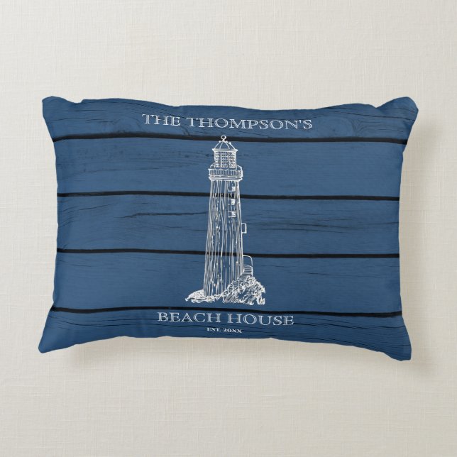 Rustic Blue Wood Seepferd Lighthouse Beach House Dekokissen (Rückseite)