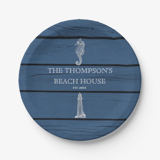 Rustic Blue Wood Seepferd Lighthouse Beach House Pappteller (Vorderseite)