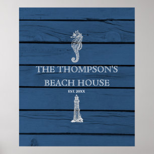 Rustic Blue Wood Seepferd Lighthouse Beach House Poster