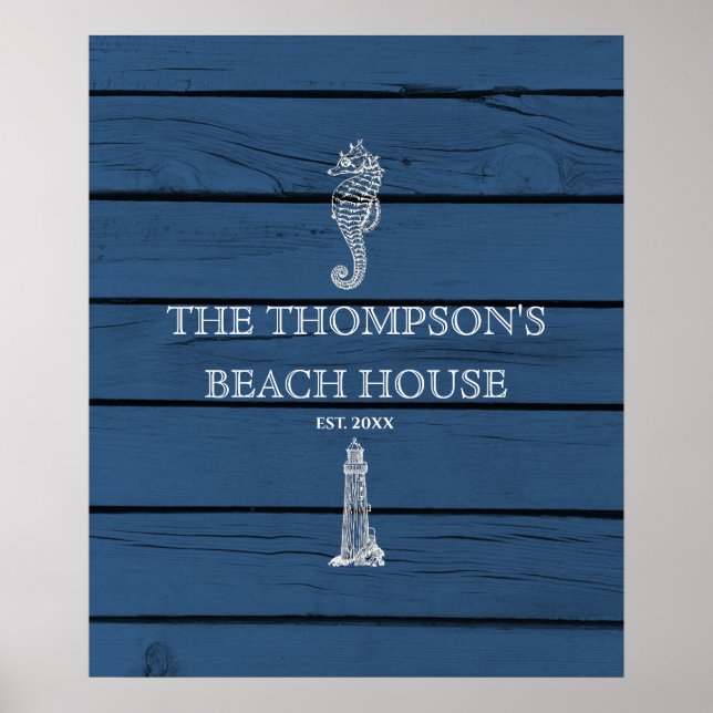 Rustic Blue Wood Seepferd Lighthouse Beach House Poster (Vorne)