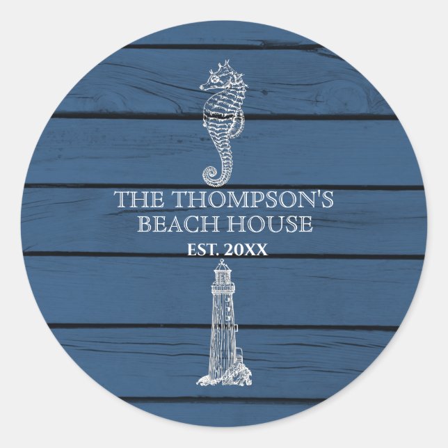 Rustic Blue Wood Seepferd Lighthouse Beach House Runder Aufkleber (Vorderseite)