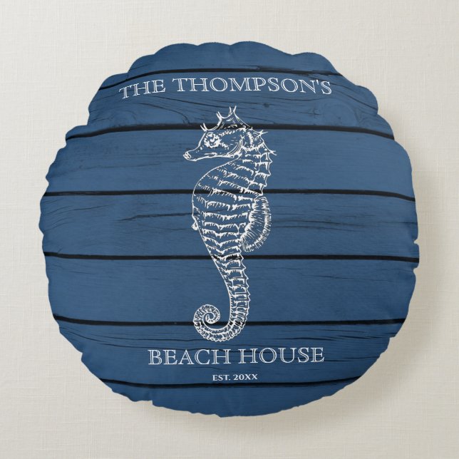 Rustic Blue Wood Seepferd Lighthouse Beach House Rundes Kissen (Vorderseite)