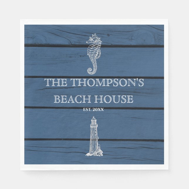 Rustic Blue Wood Seepferd Lighthouse Beach House Serviette (Vorderseite)
