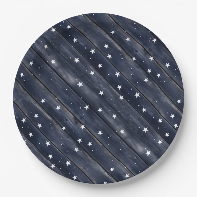 Rustic Blue Wood Stars  Pappteller (Vorderseite)