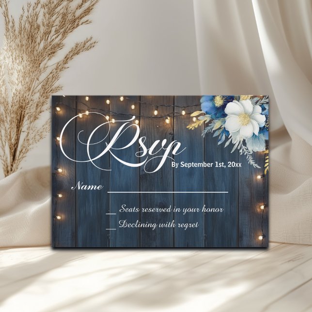 Rustic Blue Wood String Lights Floral Wedding RSVP (Von Creator hochgeladen)