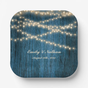 Rustic Blue Wood String Lights Wedding Party Pappteller