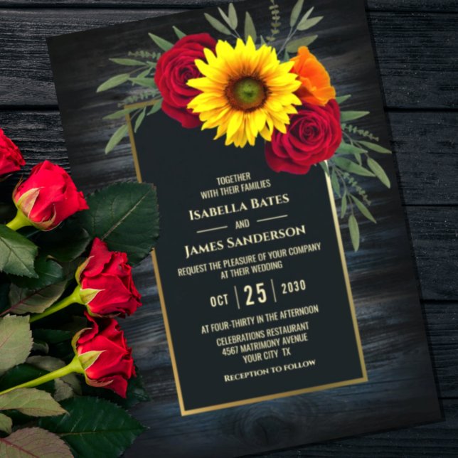 Rustic Blue Wood Sunflower Burgundy Rose Wedding Einladung (Von Creator hochgeladen)