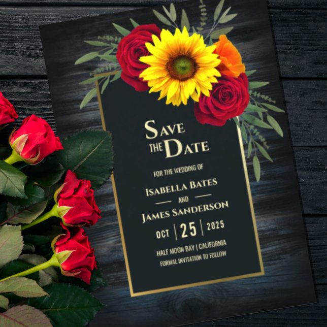 Rustic Blue Wood Sunflower Burgundy Rose Wedding Save The Date (Von Creator hochgeladen)