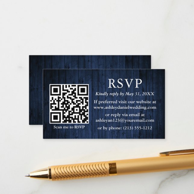Rustic Blue Wood Wedding QR UAWG Begleitkarte (Vorderseite/Rückseite Beispiel)