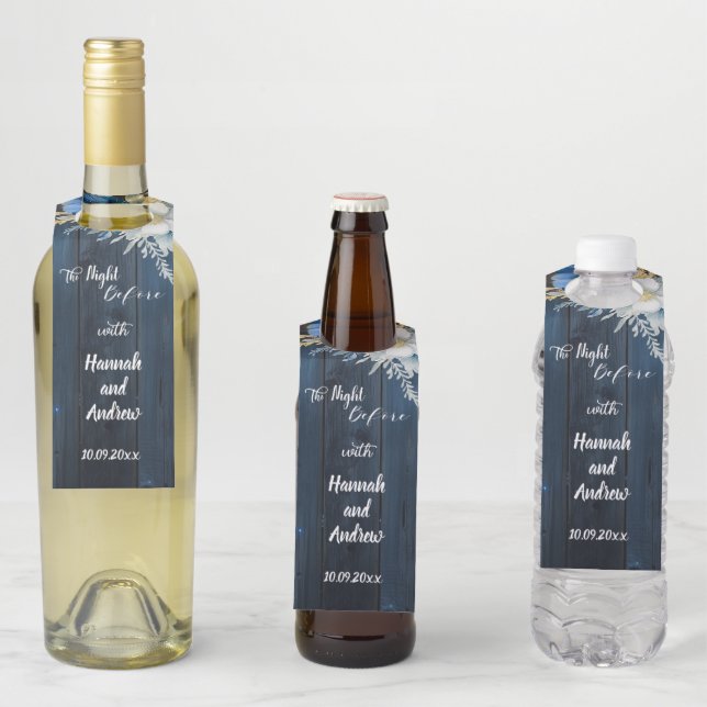 Rustic Blue Wood White Floral Probe Dinner Flaschenanhänger (Beispiel)