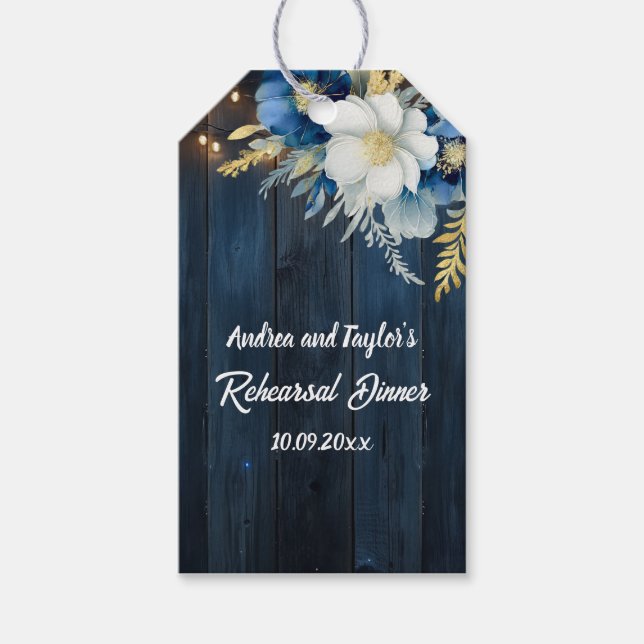 Rustic Blue Wood White Floral Probe Dinner Geschenkanhänger (Vorderseite)