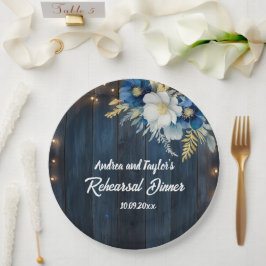 Rustic Blue Wood White Floral Probe Dinner Pappteller