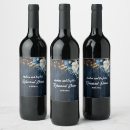 Rustic Blue Wood White Floral Probe Dinner Weinetikett