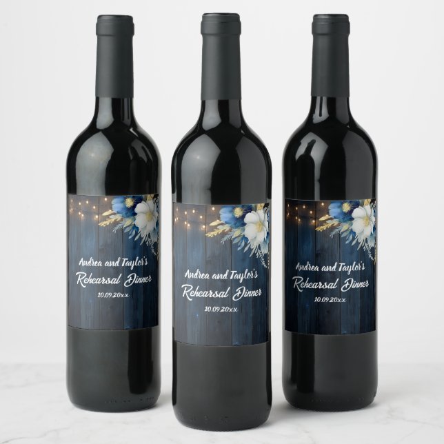 Rustic Blue Wood White Floral Probe Dinner Weinetikett (Flaschen)