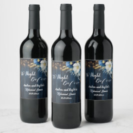 Rustic Blue Wood White Floral Probe Dinner Weinetikett