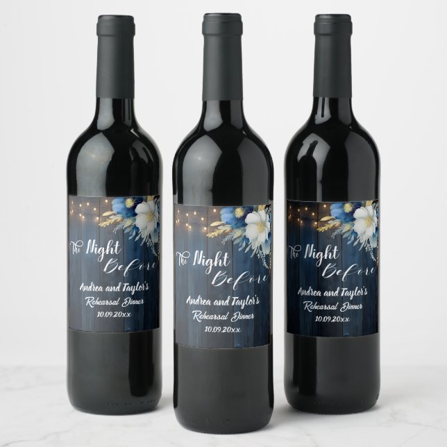 Rustic Blue Wood White Floral Probe Dinner Weinetikett (Flaschen)