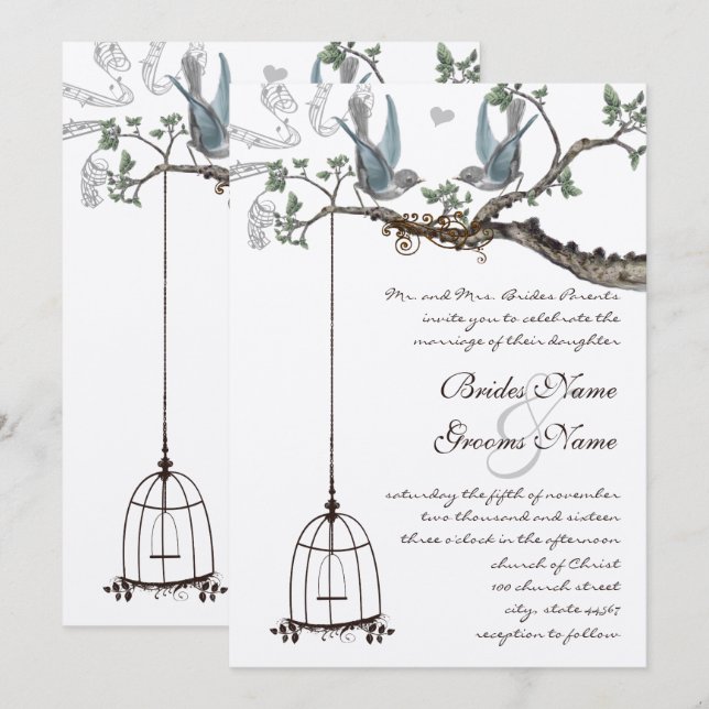 Rustic Bluebird Birdcage Wedite Einladung (Vorne/Hinten)