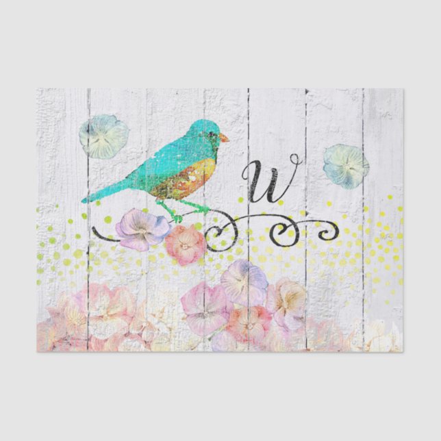 Rustic Bluebird Pink Hydrangea Mit Monogramm Seidenpapier (Vorderseite)