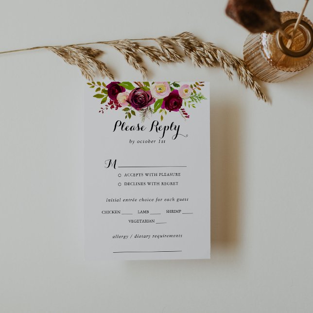 Rustic Blush Burgund Wedding Menü UAWG RSVP Karte (Von Creator hochgeladen)