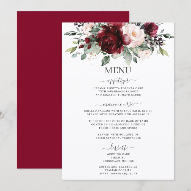 Rustic Blush Pink Burgundy Floral Wedding 5x7 Menu (Devant / Derrière)