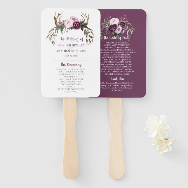 Rustic Boho Antlers Lila Plum Peonies Wedding Fächer (Vorne und Hinten)