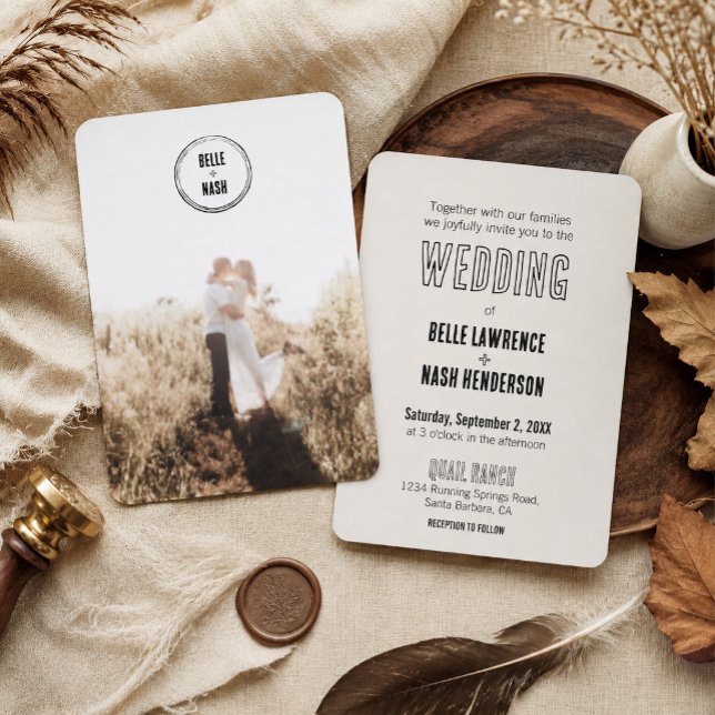 Rustic Boho Barn Wedding Einladung (Modern rustic boho wedding invitation featuring a personalized photo and elegant neutral design.)