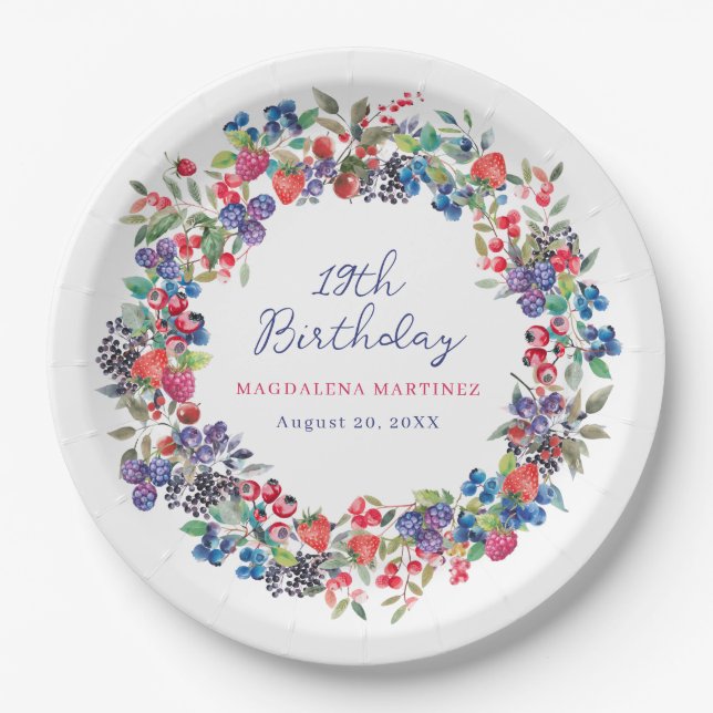 Rustic Boho Berry Summer 19. Geburtstag Custom Pappteller (Vorderseite)