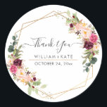Rustic Boho Blush Burgundy Eucalyptus Vielen Dank Runder Aufkleber<br><div class="desc">Rustikales Boho,  Aquarell Eukalyptus,  dunkelbordeauxfarbene Blume und blütenrosa Pfannkuchen,  danke Ihnen Gastgeschenk Hochzeit Aufkleber mit lustigen und modernen handgeschriebenen Skript-Schriftart und süße Honeycomb in Imitate goldfarbene Folie und DIY Hintergrund Farbe. Copyright © 2016-2020 Bombino Designs™. Alle Rechte vorbehalten.</div>