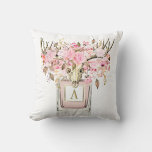 Rustic Boho Bull Skull Floral Rose Monogramm Kissen
