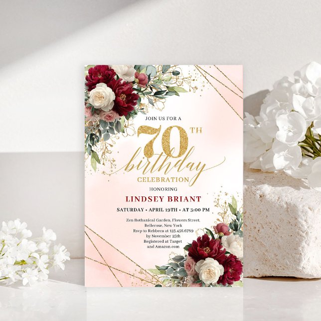 Rustic Boho Burgundy Floral 70th Birthday Invite Einladung (Rustic Boho Burgundy Floral 70th Birthday Invitation)