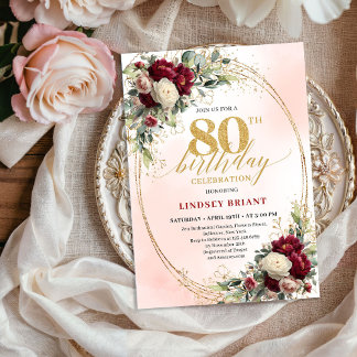 Rustic Boho Burgundy Floral 80th Birthday Invite Einladung