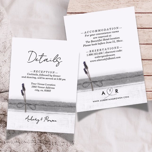 Rustic Boho Burlap Wood Lavender Wedding Details Begleitkarte (Von Creator hochgeladen)