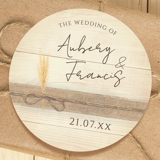 Rustic Boho Burlap Wood Pampass Grass Wedding Runder Aufkleber (Von Creator hochgeladen)