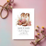 Rustic Boho Chic Western Wedding Cowboy QR Code Save The Date<br><div class="desc">Erleben Sie einen unvergesslichen ersten Eindruck mit dieser rustikalen Western-Save the Date-Karte mit einem Paar wunderschön illustrierter Cowboystiefel, die mit weichen Blumenmustern auf der Vorderseite verziert sind, und einer floralen Koordination mit QR-Code auf der Rückseite. Dieses Hotel ist perfekt für Hochzeiten im Land, auf der Ranch oder im Western geeignet...</div>