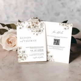 Rustic Boho Cream Floral QR Code Hochzeit Einladung